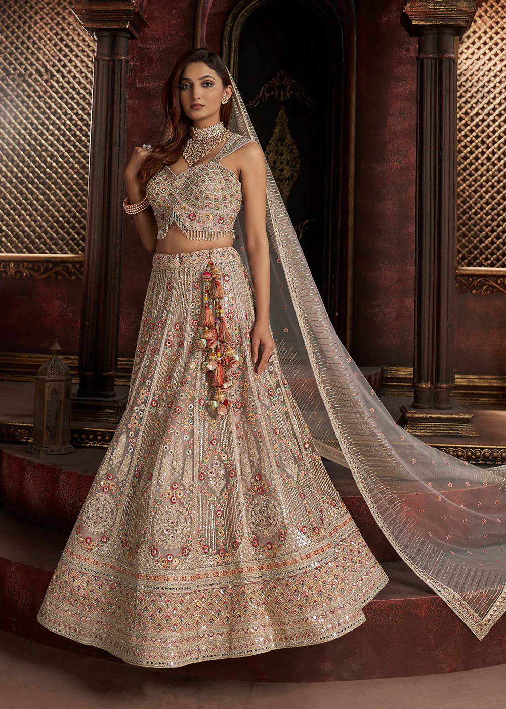 Heavy Embroidered Multicolor Ivory Net Bridal Lehenga Choli - Image 3
