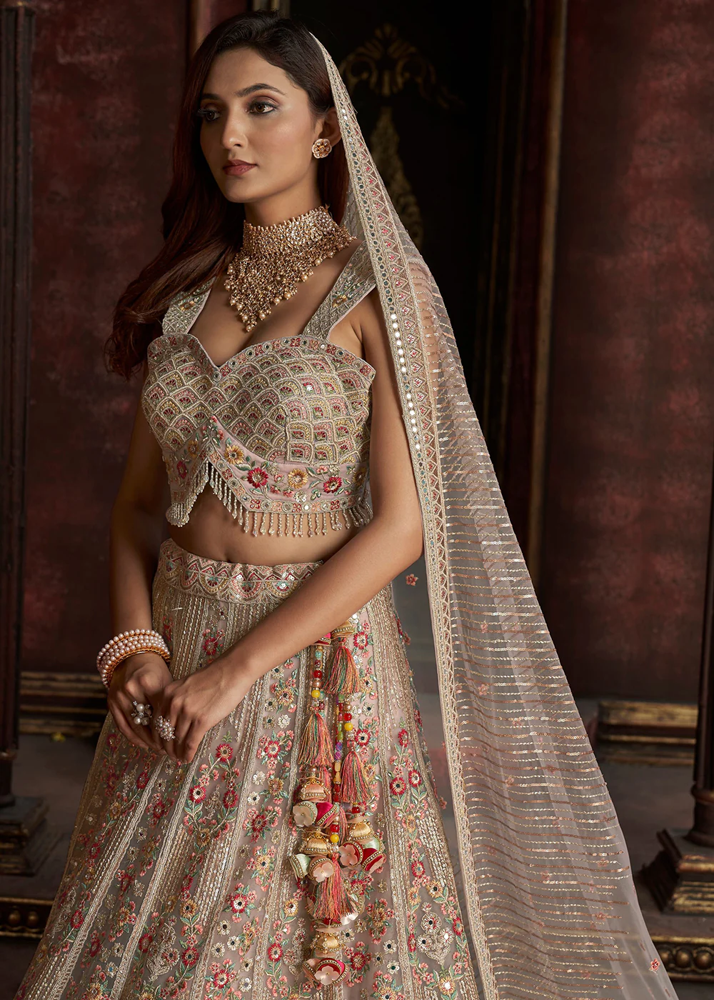 Heavy Embroidered Multicolor Ivory Net Bridal Lehenga Choli - Image 4