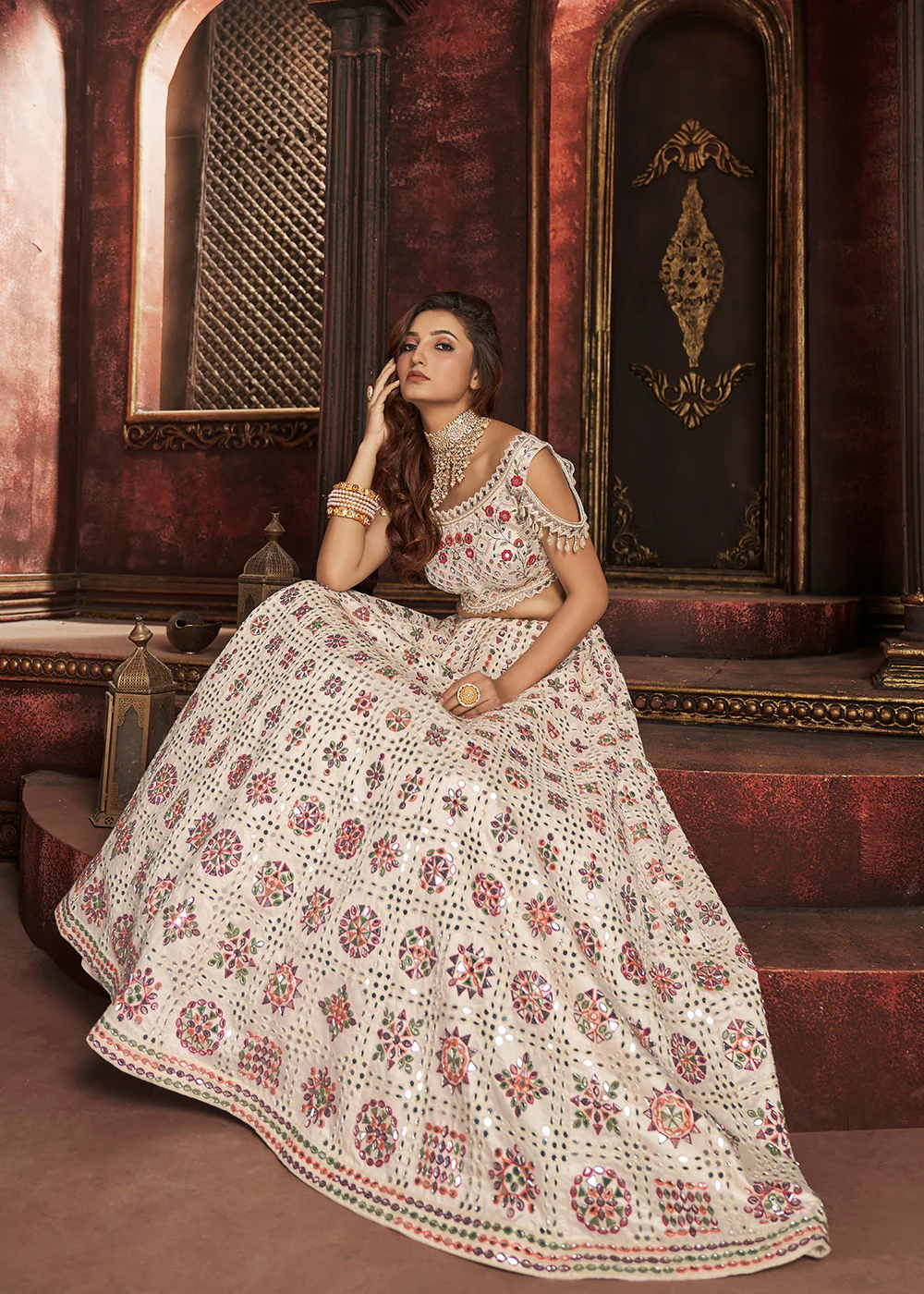 Heavy Embroidered Off White Silk Bridal Lehenga Choli - Image 3