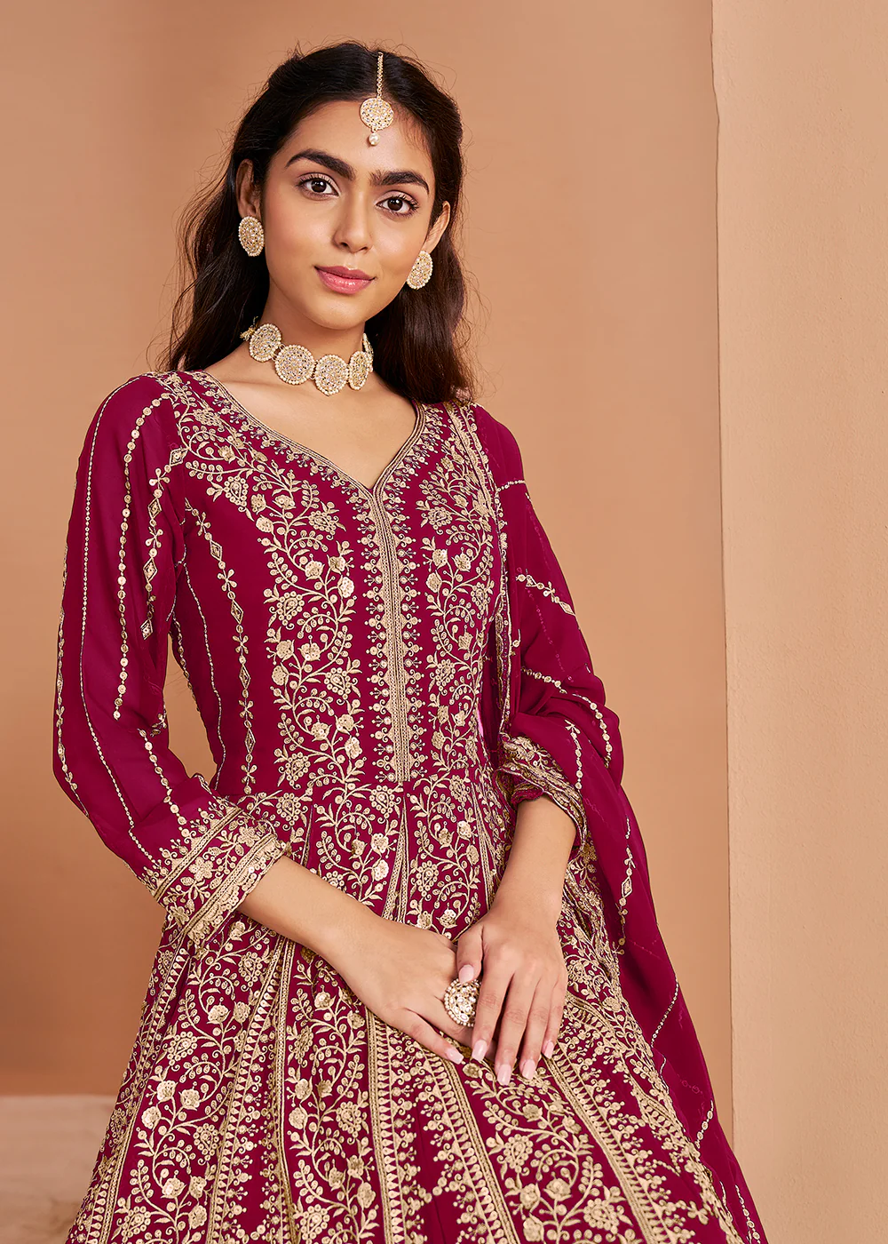 Heavy Embroidered Pink Georgette Wedding Anarkali Suit - Image 2