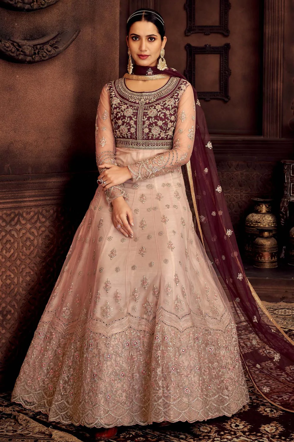 Heavy Embroidered Pink & Wine Net Bridal Anarkali Suit - Image 4