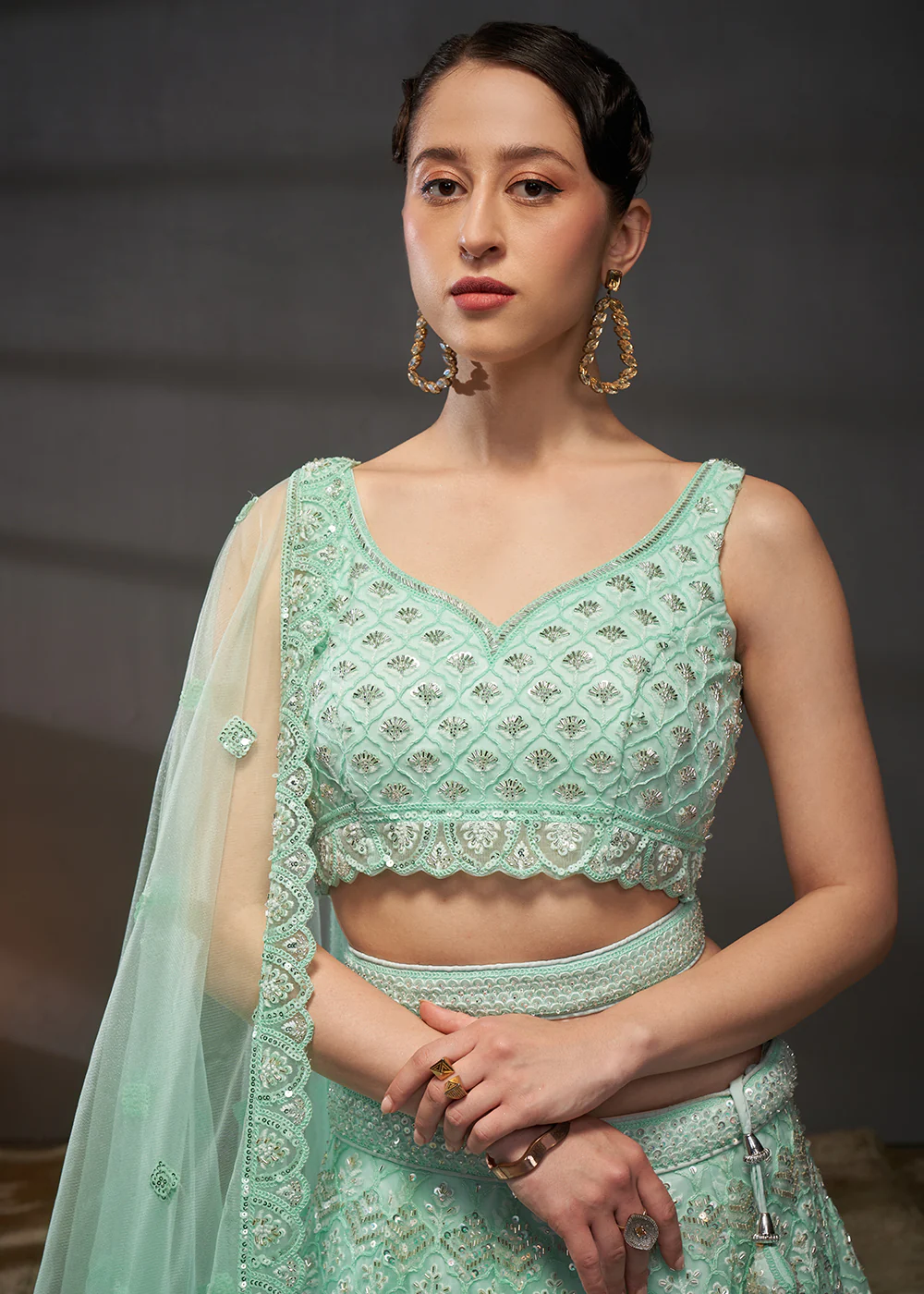 Heavy Embroidered Turquoise Designer Bridal Lehenga Choli - Image 2