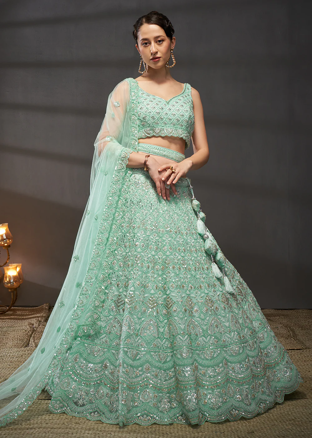 Heavy Embroidered Turquoise Designer Bridal Lehenga Choli - Image 4