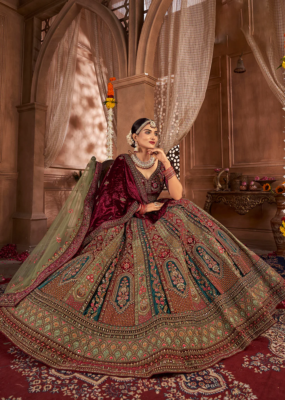 Heavy Embroidery Multicolor Velvet Bridal Lehenga Choli - Image 3