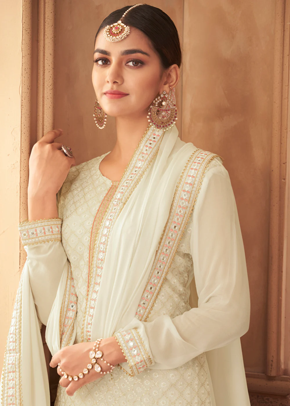 Heavy Faux Georgette Off White Embroidered Palazzo Suit - Image 2