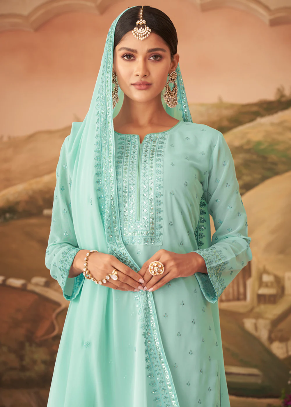 Heavy Faux Georgette Sky Blue Embroidered Palazzo Suit - Image 2
