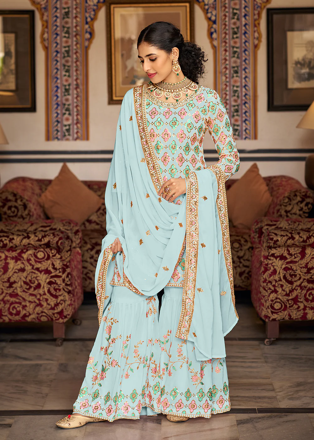 Heavy Georgette Blue Sequins Embroidered Gharara Suit - Image 3
