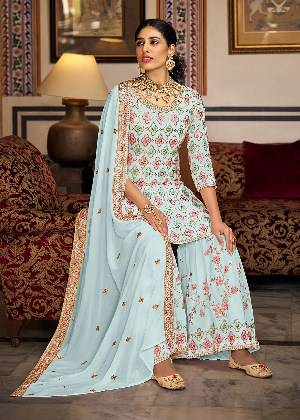 Heavy Georgette Blue Sequins Embroidered Gharara Suit - Image 4