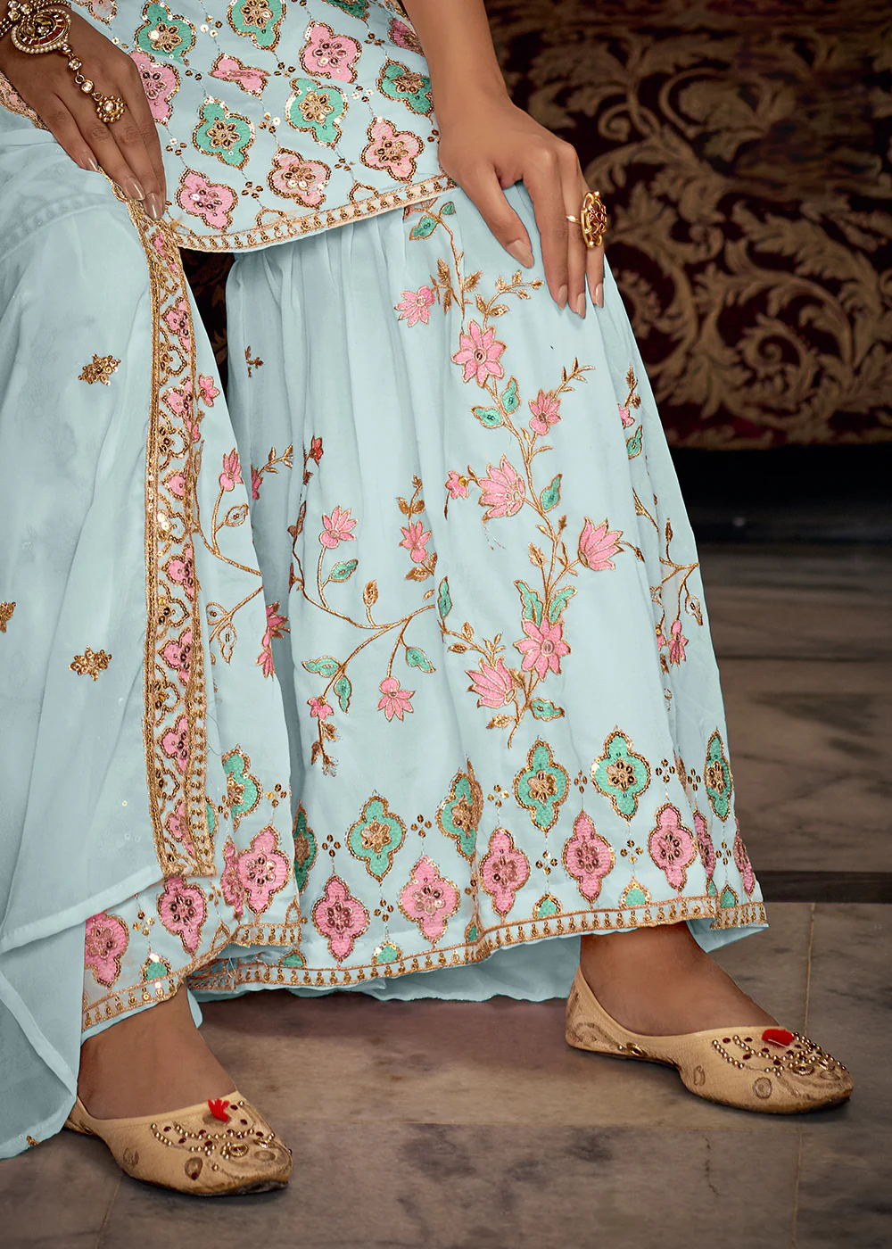 Heavy Georgette Blue Sequins Embroidered Gharara Suit - Image 5