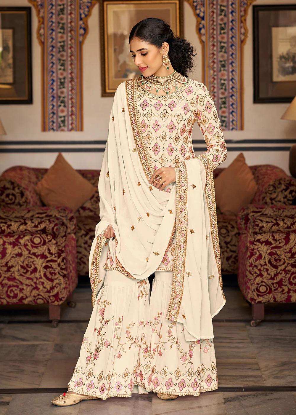Heavy Georgette Cream Sequins Embroidered Gharara Suit - Image 3
