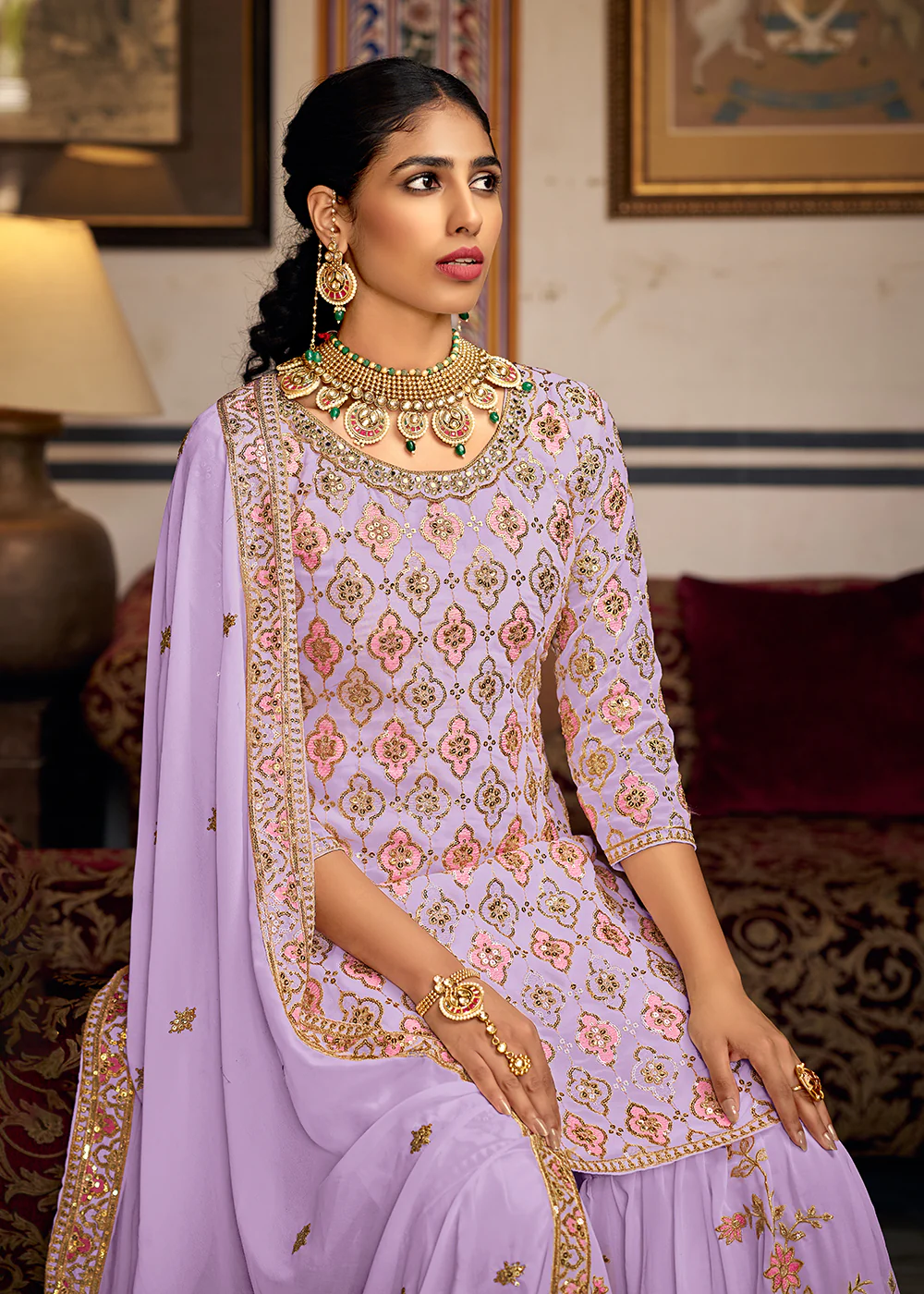 Heavy Georgette Lavender Sequins Embroidered Gharara Suit - Image 2