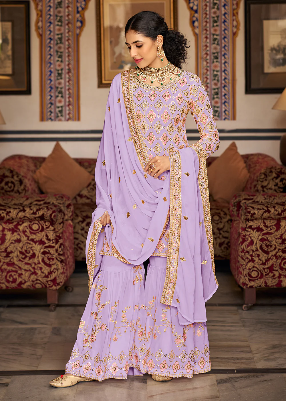 Heavy Georgette Lavender Sequins Embroidered Gharara Suit - Image 3