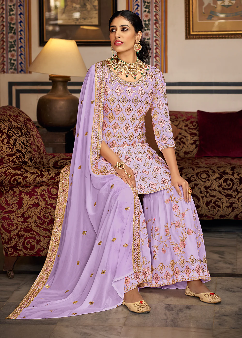 Heavy Georgette Lavender Sequins Embroidered Gharara Suit - Image 4