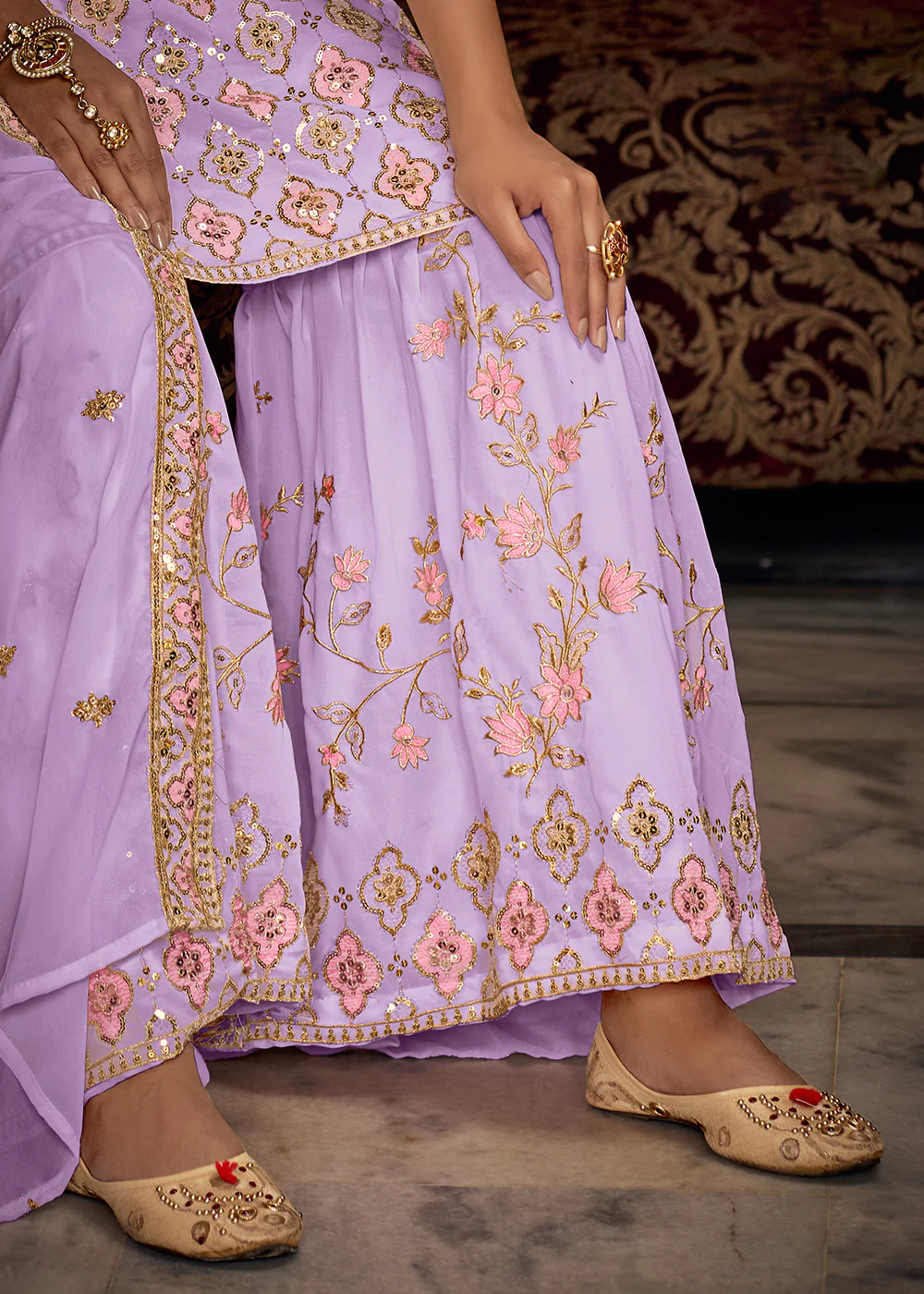 Heavy Georgette Lavender Sequins Embroidered Gharara Suit - Image 5