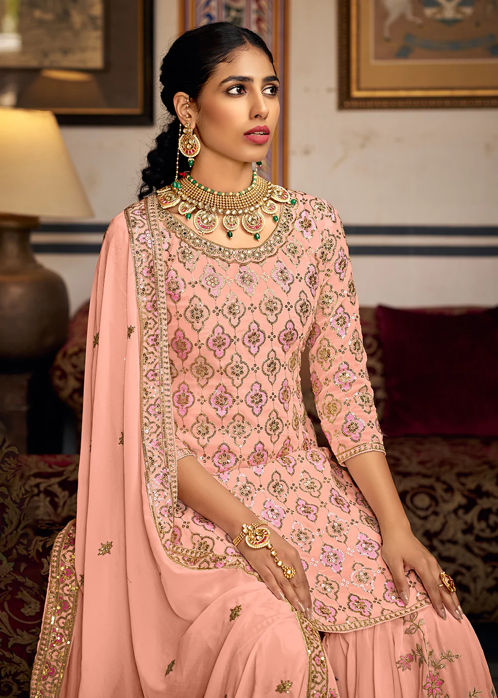 Heavy Georgette Peach Sequins Embroidered Gharara Suit - Image 2