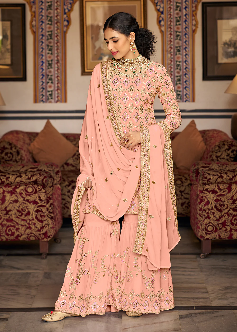 Heavy Georgette Peach Sequins Embroidered Gharara Suit - Image 3