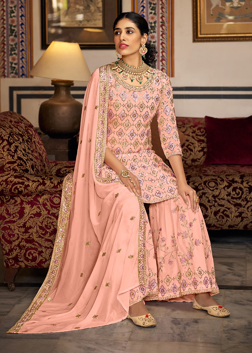 Heavy Georgette Peach Sequins Embroidered Gharara Suit - Image 4