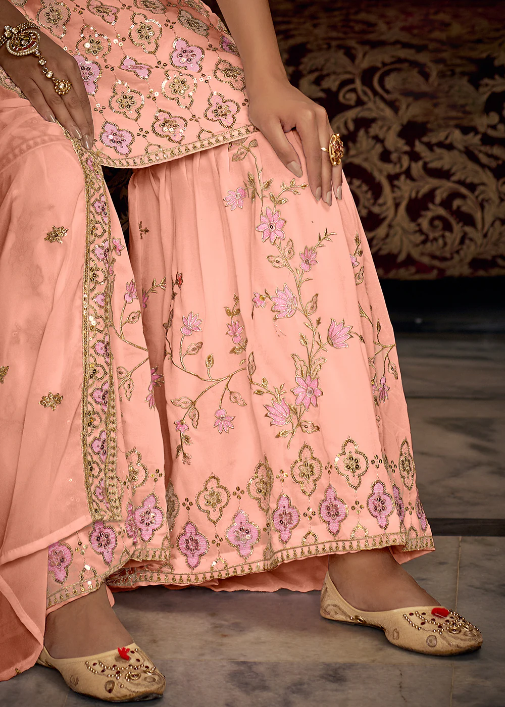 Heavy Georgette Peach Sequins Embroidered Gharara Suit - Image 5