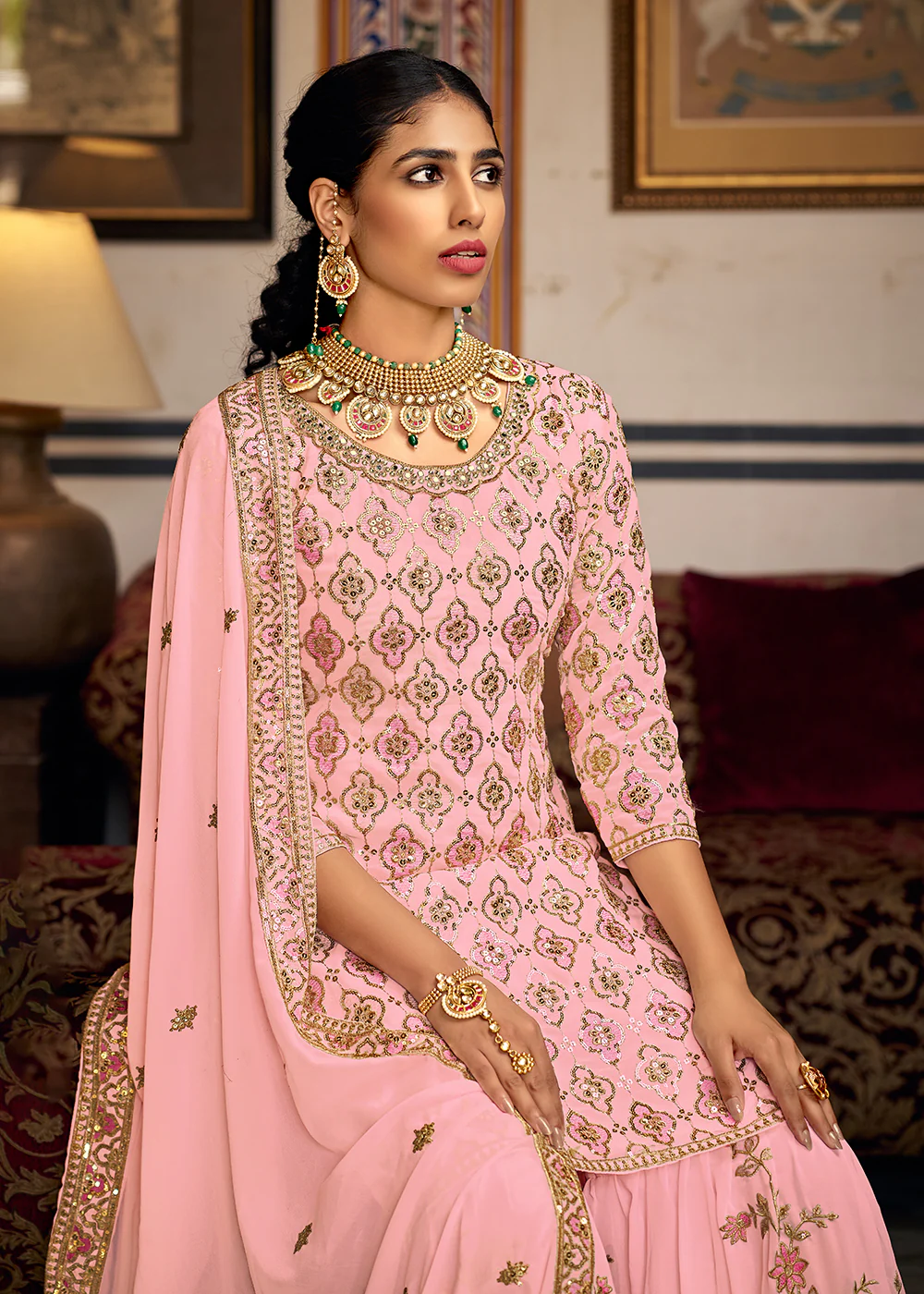 Heavy Georgette Pink Sequins Embroidered Gharara Suit - Image 2