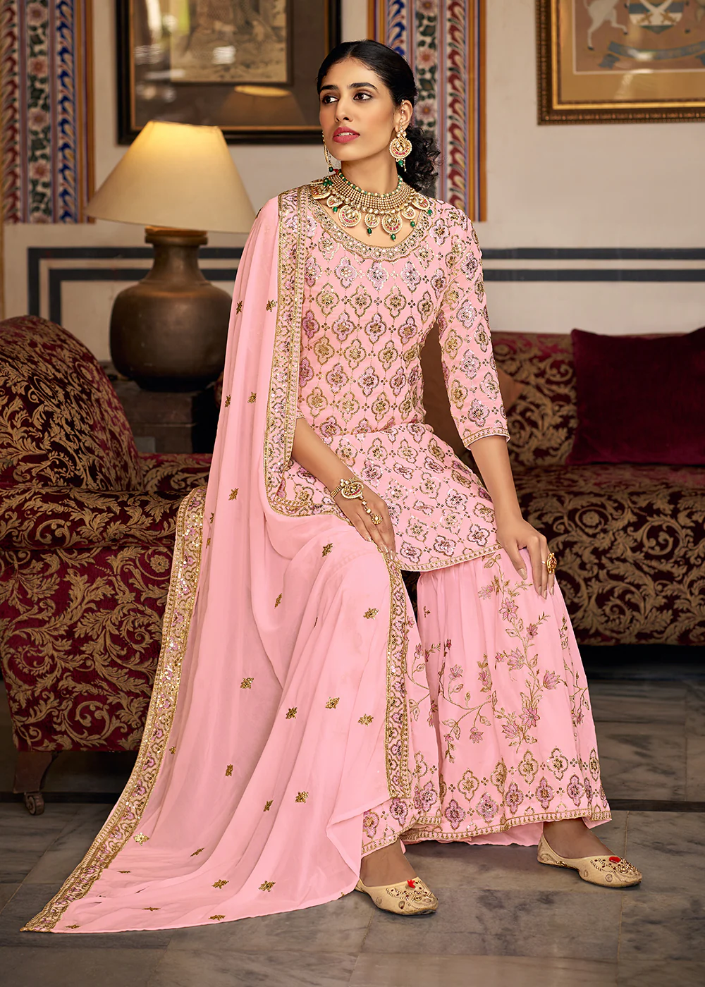 Heavy Georgette Pink Sequins Embroidered Gharara Suit - Image 4