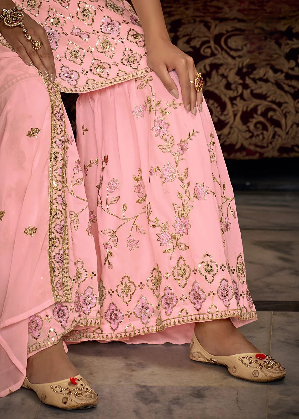 Heavy Georgette Pink Sequins Embroidered Gharara Suit - Image 5