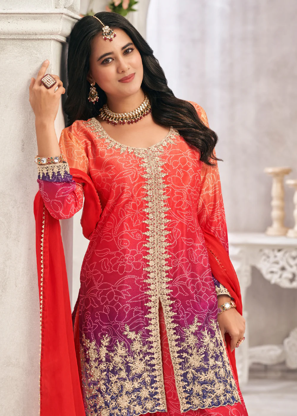 Heavy Premium Chinnon Multicolor Festive Palazzo Suit - Image 2