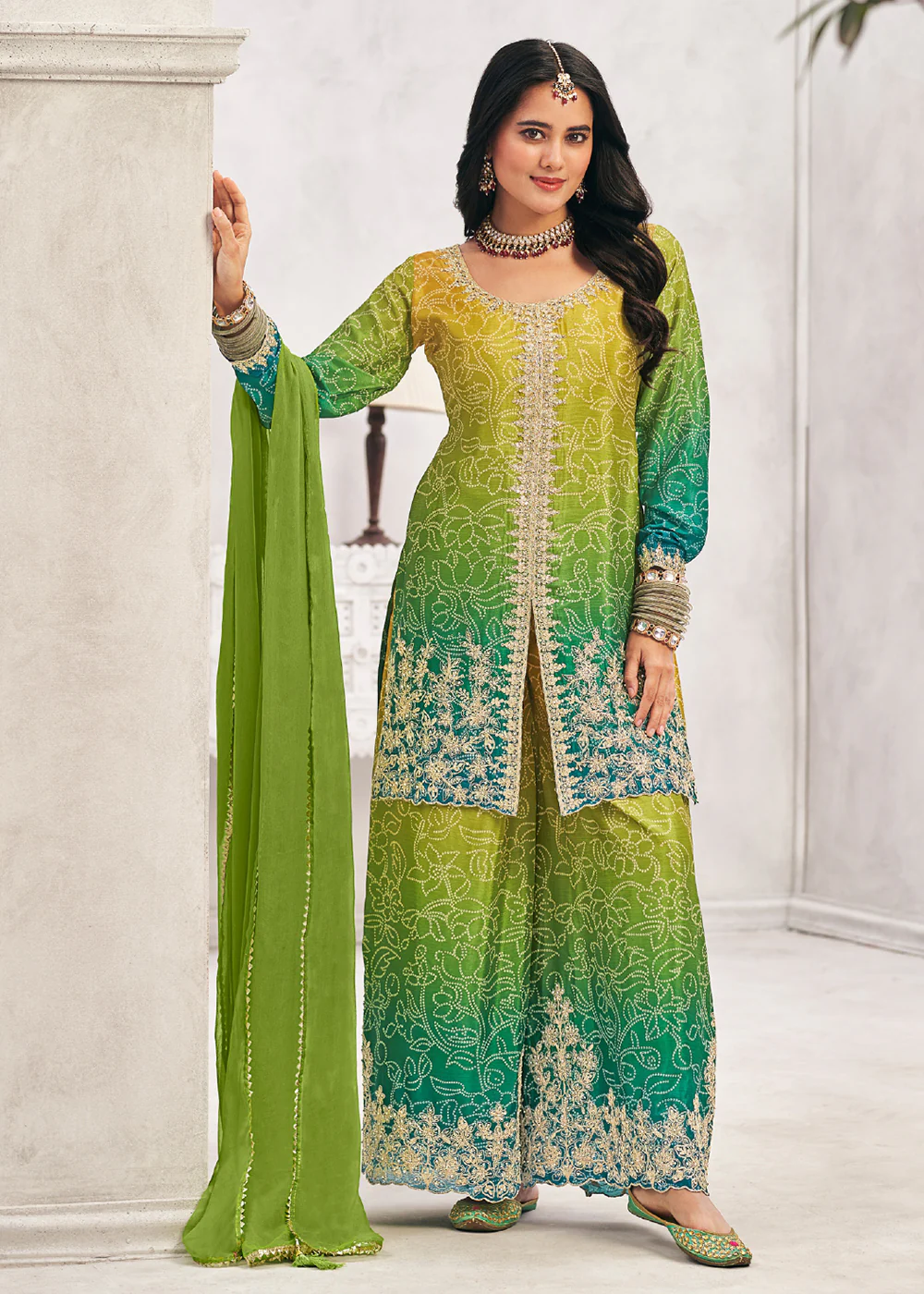 Heavy Premium Chinnon Ombre Green Festive Palazzo Suit
