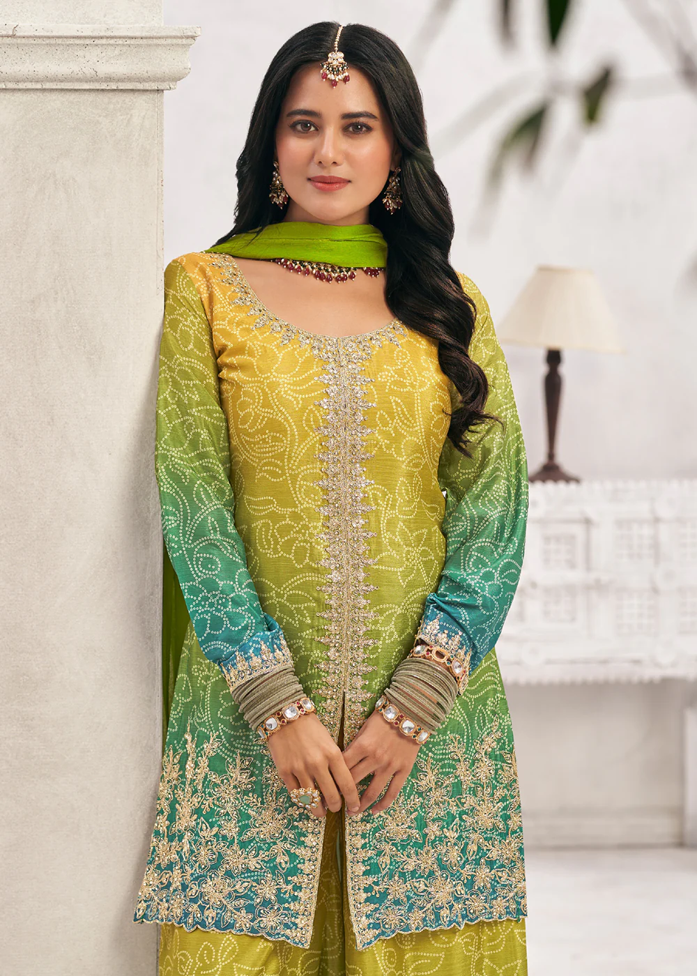 Heavy Premium Chinnon Ombre Green Festive Palazzo Suit - Image 2