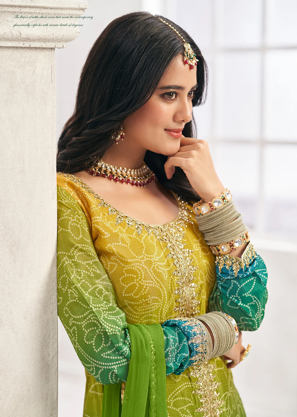 Heavy Premium Chinnon Ombre Green Festive Palazzo Suit - Image 3