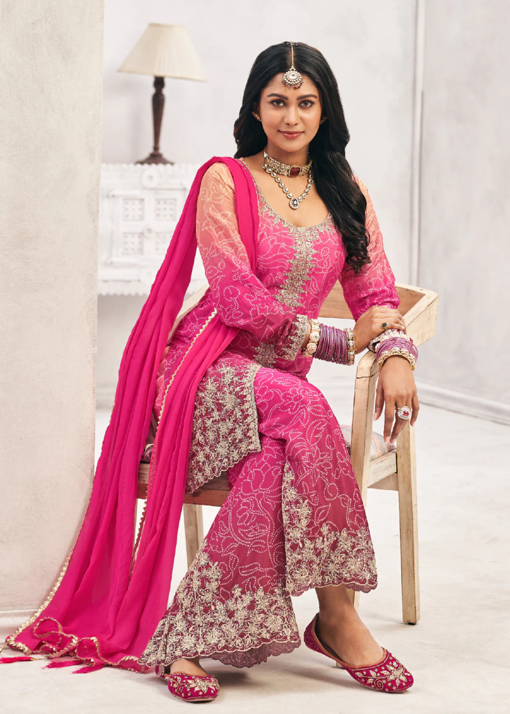 Heavy Premium Chinnon Ombre Pink Festive Palazzo Suit - Image 3