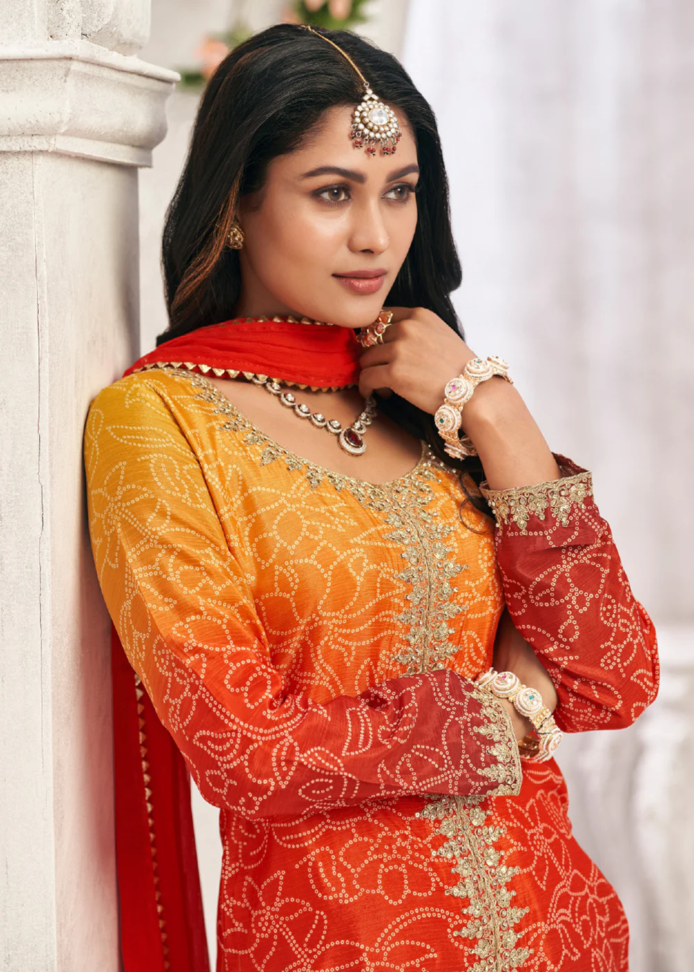 Heavy Premium Chinnon Orange Festive Palazzo Suit - Image 2
