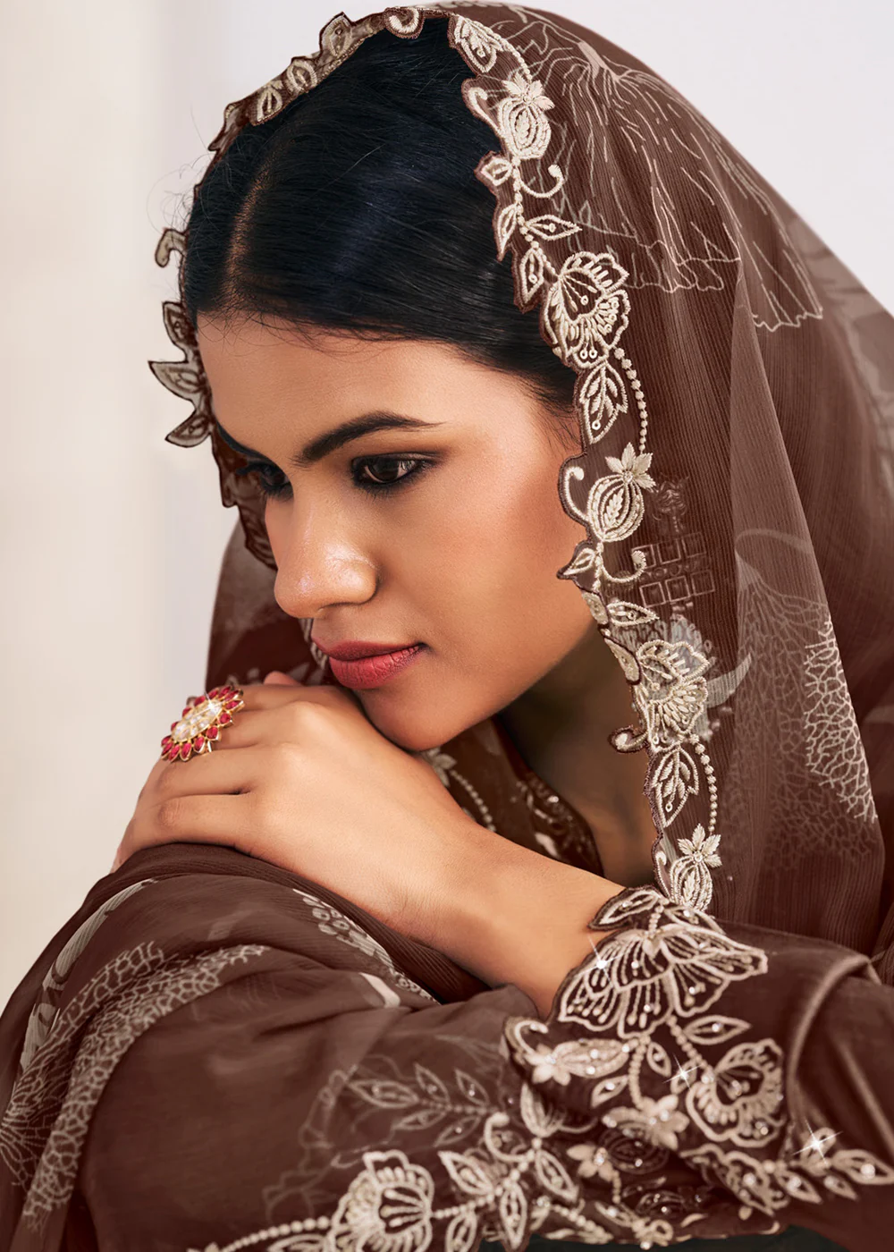 Heavy Premium Silk Brown Festive Palazzo Suit - Image 2