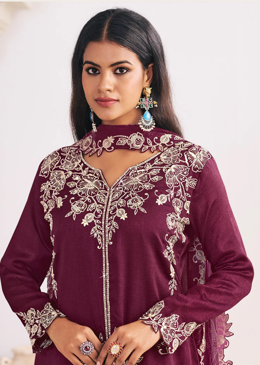 Heavy Premium Silk Burgundy Festive Palazzo Suit - Image 2