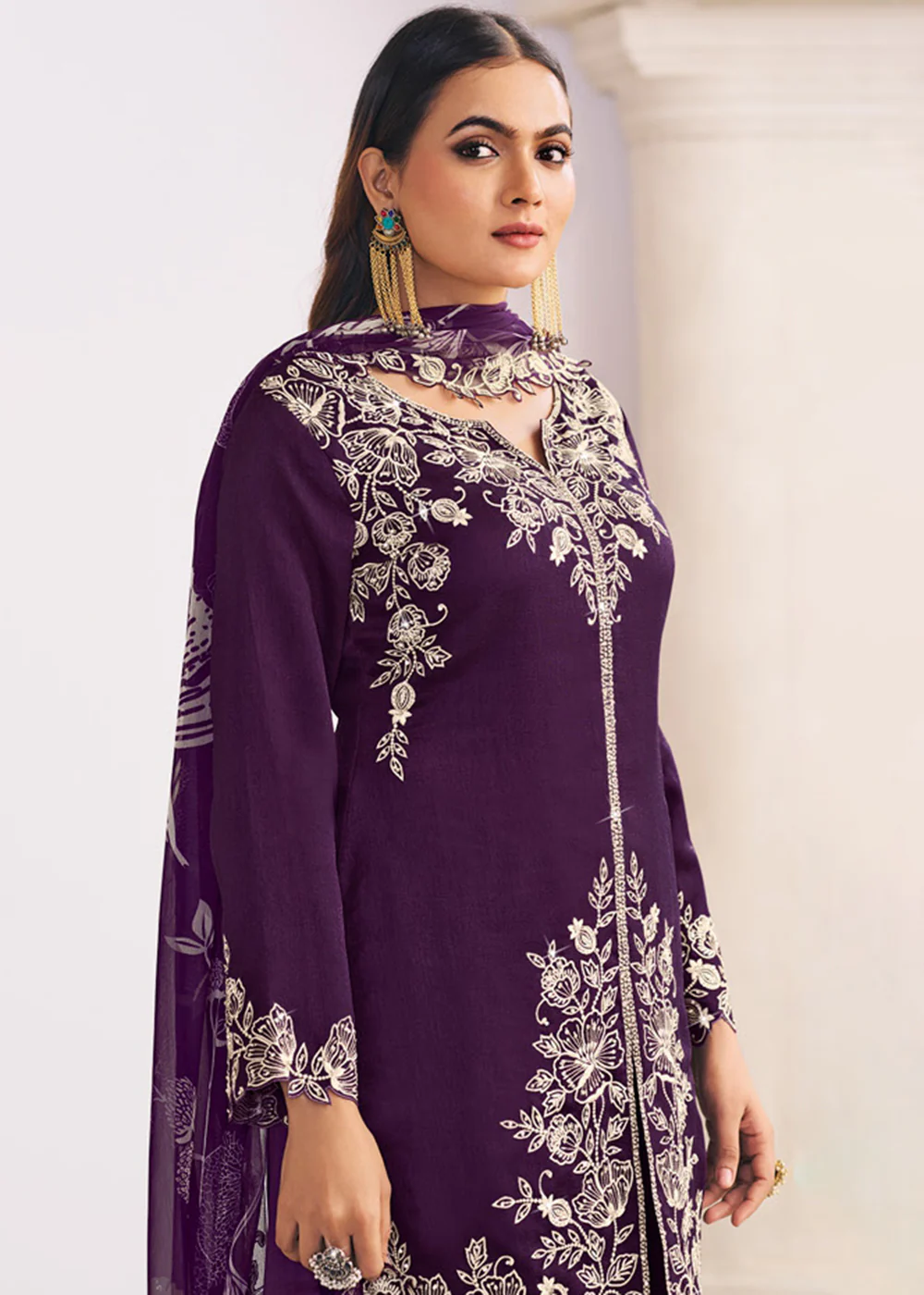Heavy Premium Silk Purple Festive Palazzo Suit - Image 3