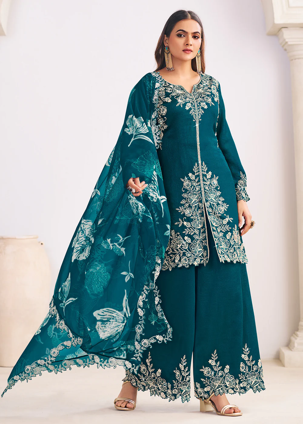 Heavy Premium Silk Teal Green Festive Palazzo Suit