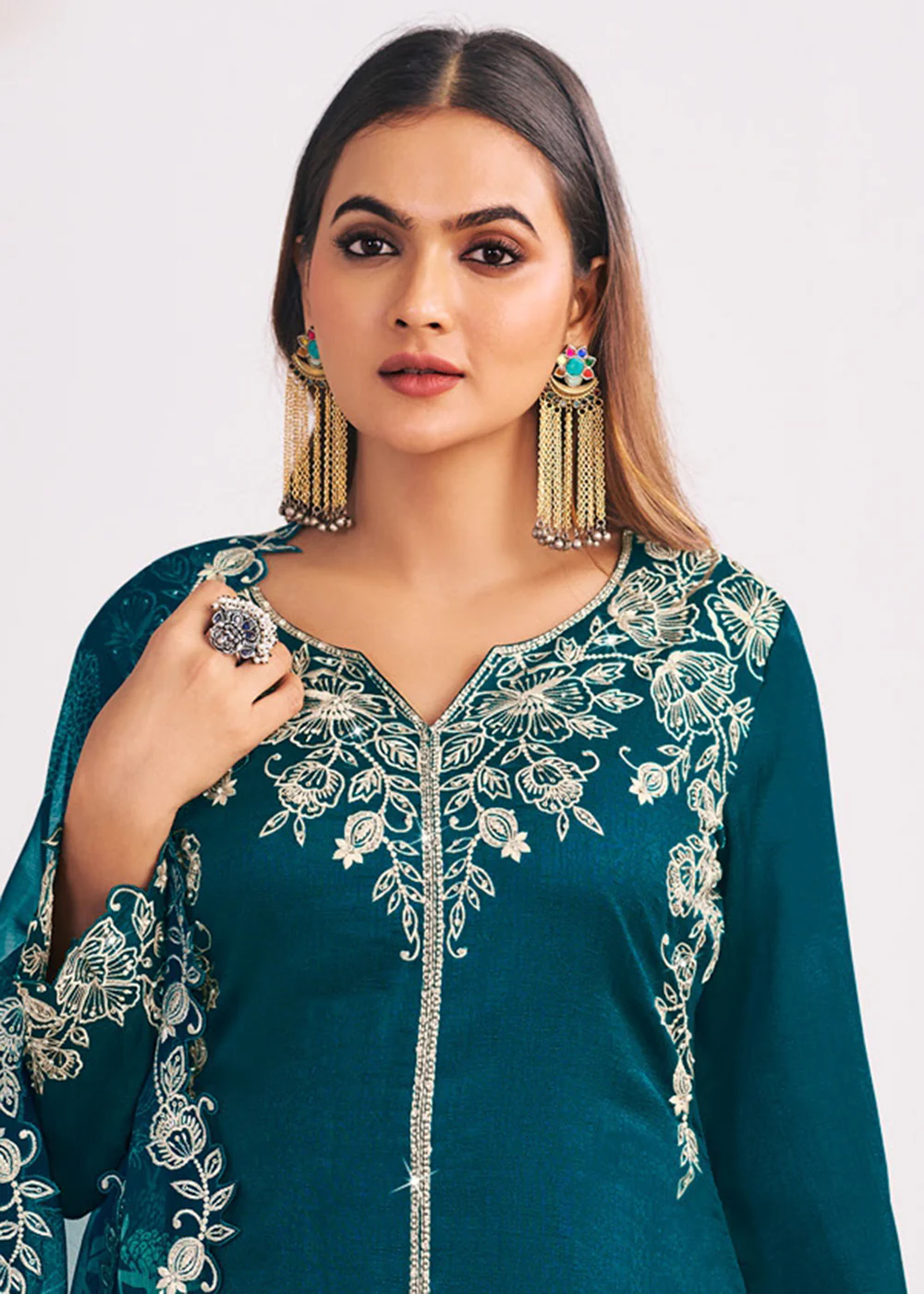 Heavy Premium Silk Teal Green Festive Palazzo Suit - Image 2