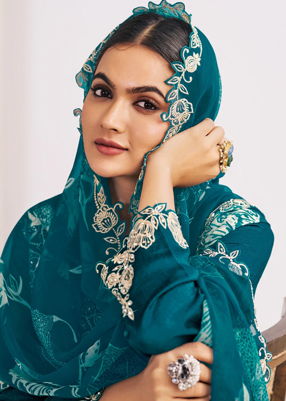 Heavy Premium Silk Teal Green Festive Palazzo Suit - Image 3