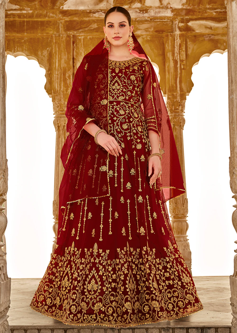 Heavy Stone Embroidered Maroon Designer Anarkali Suit