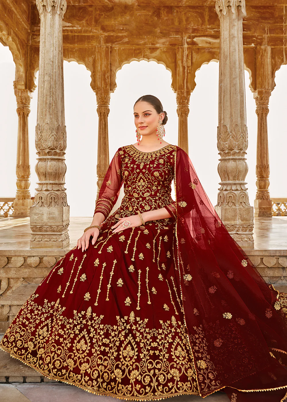 Heavy Stone Embroidered Maroon Designer Anarkali Suit - Image 3