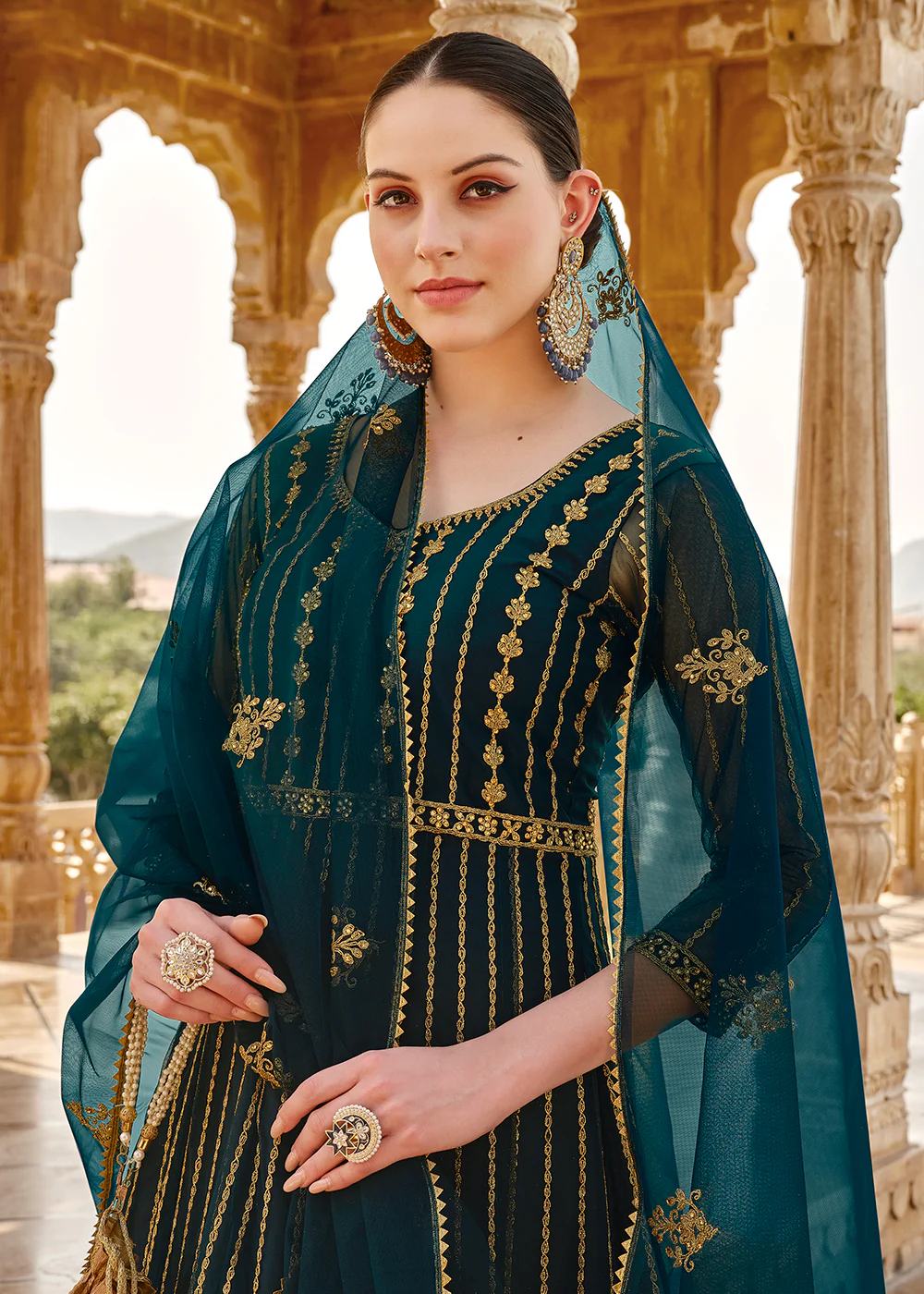 Heavy Stone Embroidered Peacock Blue Designer Anarkali Suit - Image 2