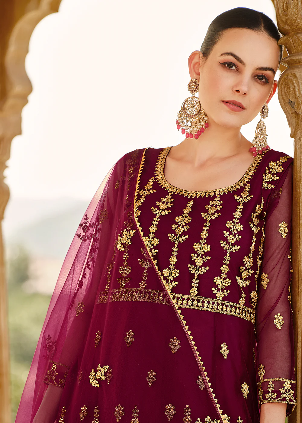 Heavy Stone Embroidered Wine Designer Anarkali Suit - Image 4