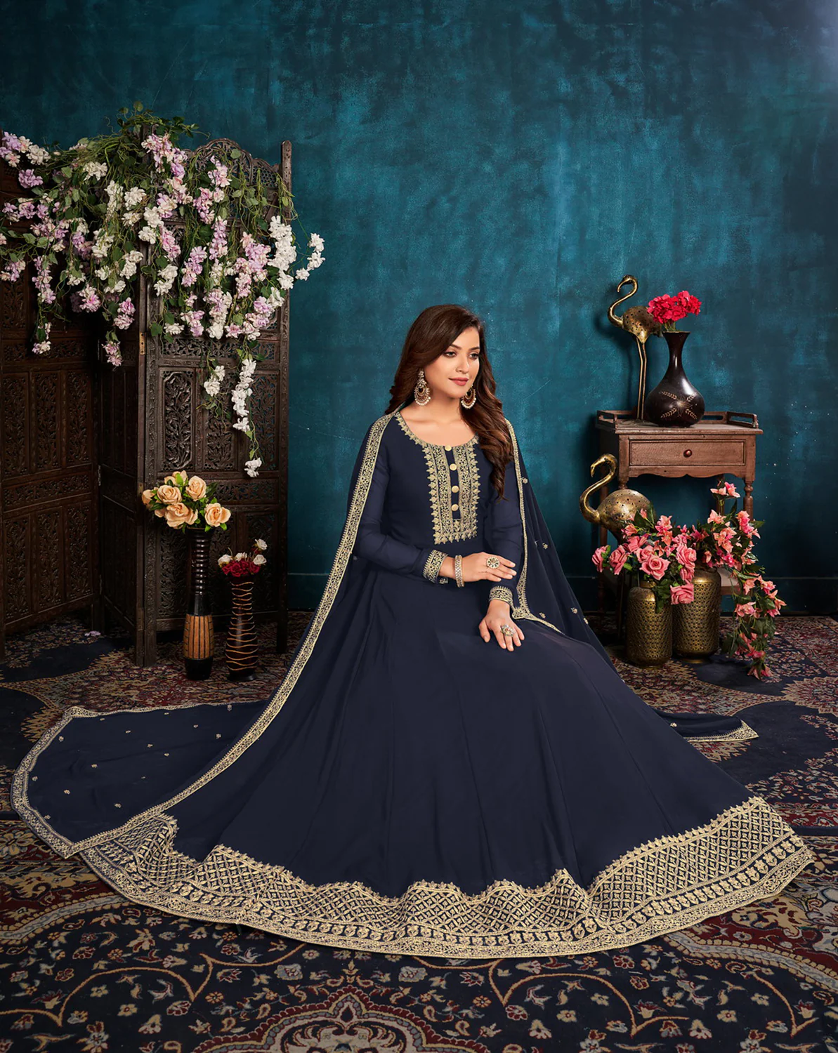 Heavy Thread Embroidered Blue Georgette Anarkali Gown - Image 3