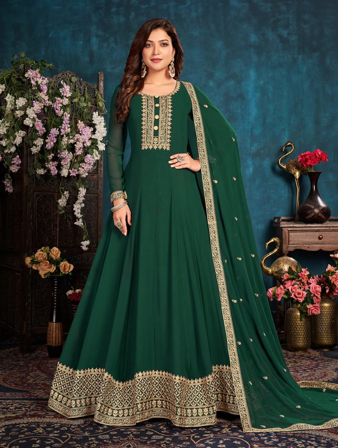 Heavy Thread Embroidered Green Georgette Anarkali Gown
