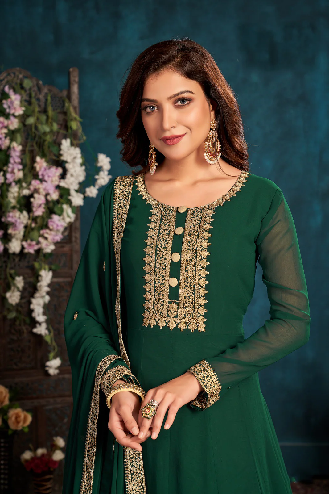 Heavy Thread Embroidered Green Georgette Anarkali Gown - Image 2