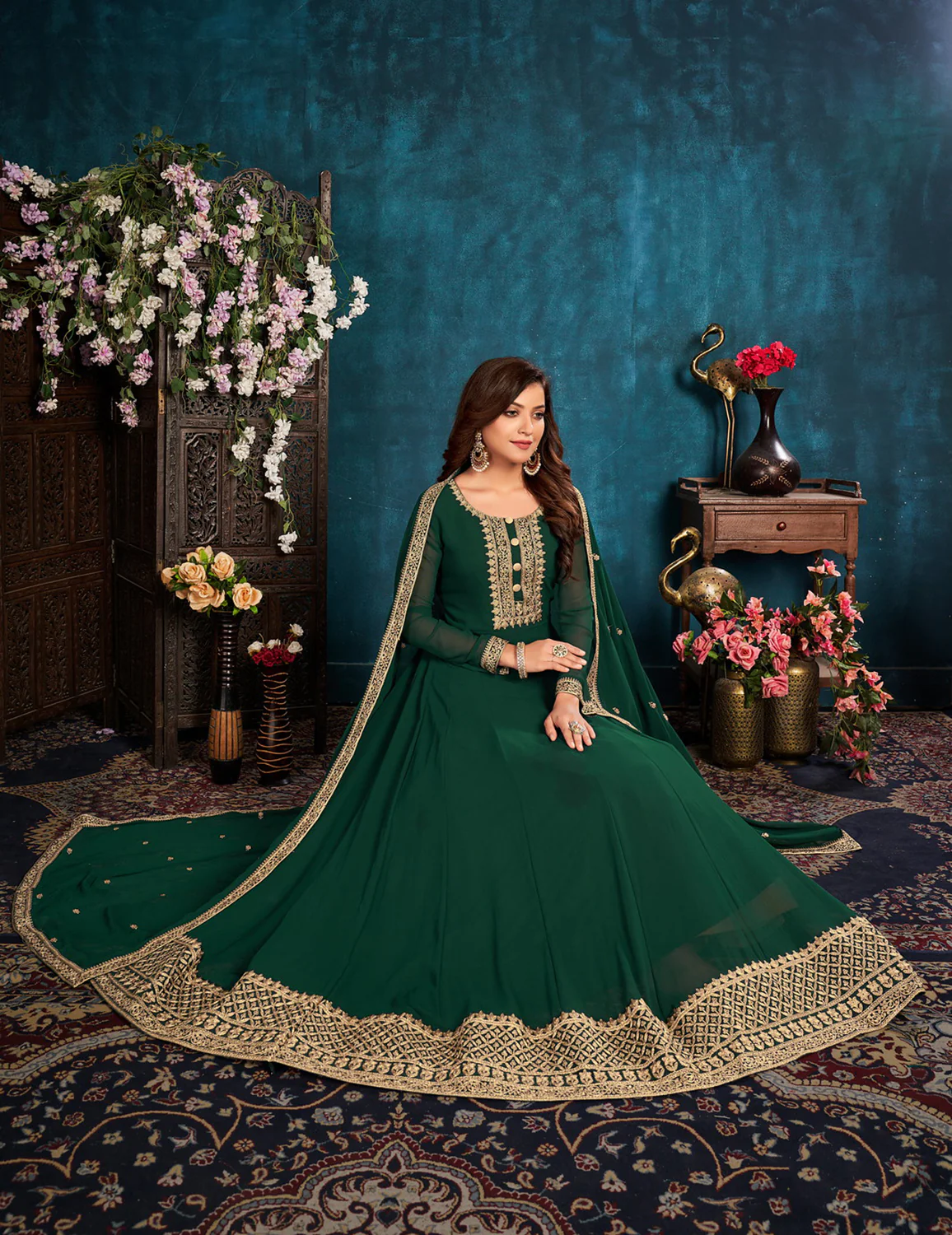 Heavy Thread Embroidered Green Georgette Anarkali Gown - Image 3