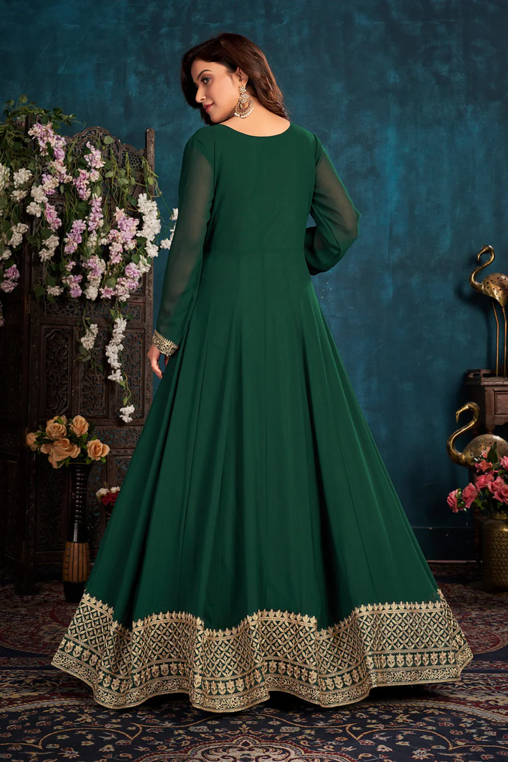 Heavy Thread Embroidered Green Georgette Anarkali Gown - Image 4