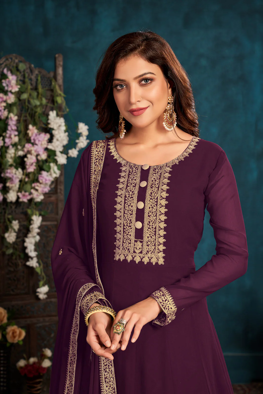 Heavy Thread Embroidered Wine Georgette Anarkali Gown - Image 2