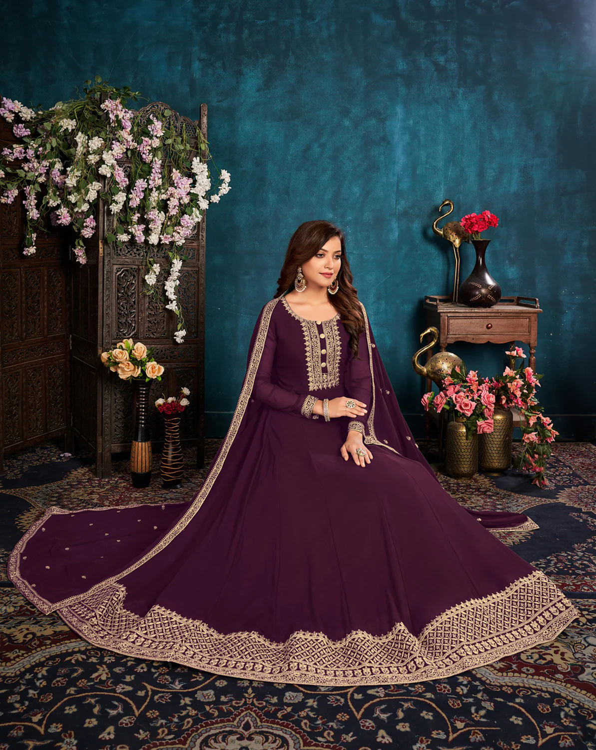 Heavy Thread Embroidered Wine Georgette Anarkali Gown - Image 3