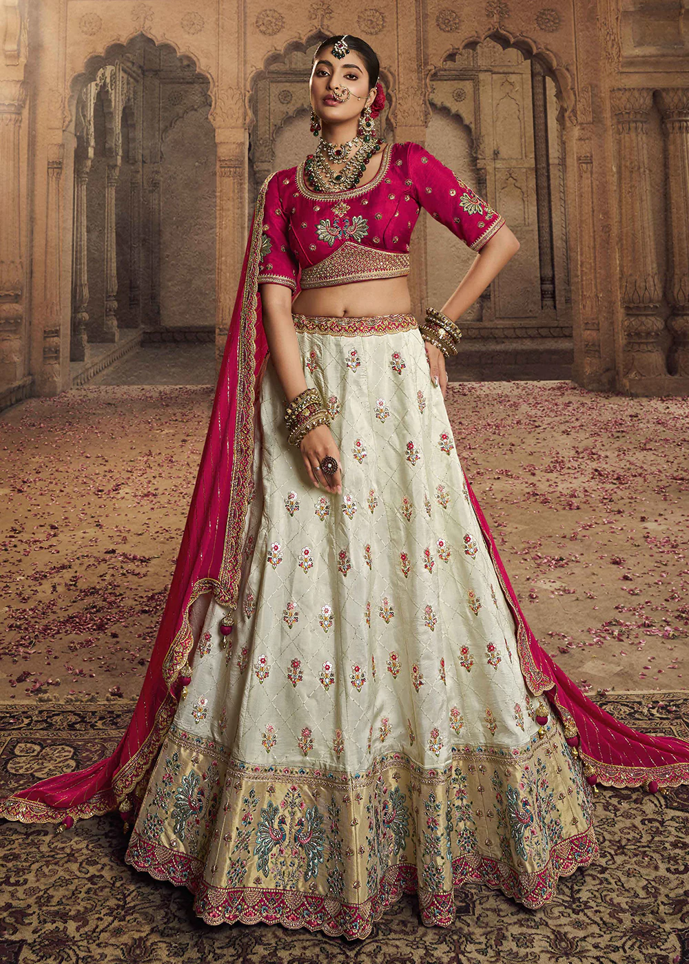 Heavy Viscose Cream & Rani Pink Embroidered Bridal Lehenga Choli
