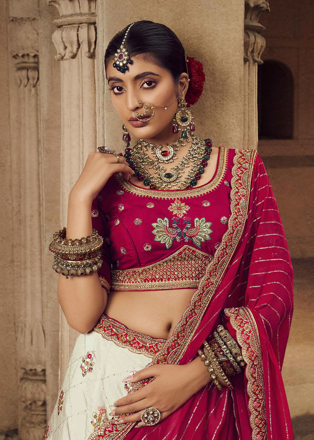 Heavy Viscose Cream & Rani Pink Embroidered Bridal Lehenga Choli - Image 2